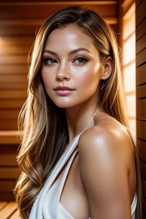 (high quality, realistic:1.2), portrait, beautiful flowing hair, beautiful Becki Newton, wearing a towel, in the sauna, detailed eyes, luscious lips, sensual gaze, luxurious texture, shimmering highlights, soft shadows, subtle smile, impeccable makeup, per...