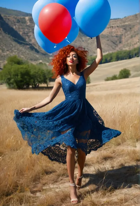 Beautiful biracial woman with beautiful red head woman, dancing, extremely detailed full body, lace blue dress, in large valley, lot of blue ballons float around, 