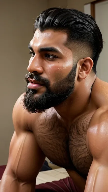 2 men in one photo mouth to mouth kissed, there is a handsome sexy huge body indian afgan man hunk with wider huge hairy chest, big hairy arms, wide biceps, triceps, wrist, huge wide hairy legs, thighs, huge wide bulge in the bedroom, lip to lip kissing wi...