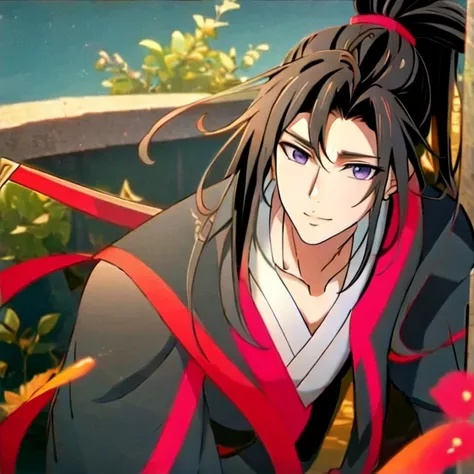 (masterpiece, best quality:1.2), 1male, solo, wei wuxian, mo dao zu shi, mdzs, black and red clothes, grey eyes, long black hair...