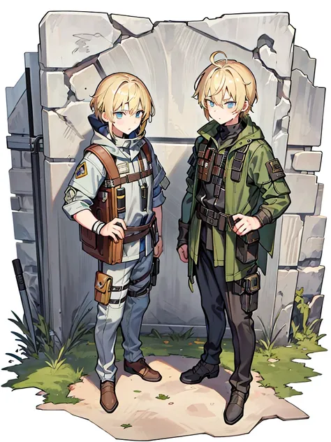 They are 12-year-old boys twin with blonde hair. One has an energetic and curious expression, dressed in rugged survival attire. Another one appears more serious and focused, also dressed in practical survival gear with a pragmatic touch. it has to be full...