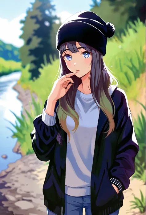 Walking river bank, loose black jacket, perfect hands, high detail, high quality, best detail, perfect irises, beanie, hipster, adult female, beanie, calm demeanor, mature, 