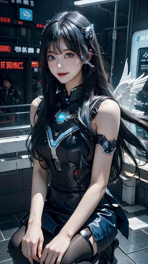  Beautiful Iron Man，Angelic countenance，Full body portrait，the long flowing blue hair，big eyes，Flashing pupils，shy，Blush，Smile，Delicate depiction of the face，Wearing a blue JK short skirt and black pantyhose，Wearing high heels，Cyberpunk，Night，Hyperrealism，...