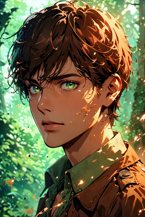 Handsome man in his 20s with long brown hair（1 male,Ellen Yeager）Green Eyes,Attack on Titan,Wide range of colors,artwork,rendering,(masterpiece:1.3),(Highest quality:1.4),(Very detailedな:1.5),High resolution,Very detailed,unity 8k wallpaper,Decadent,Achiev...