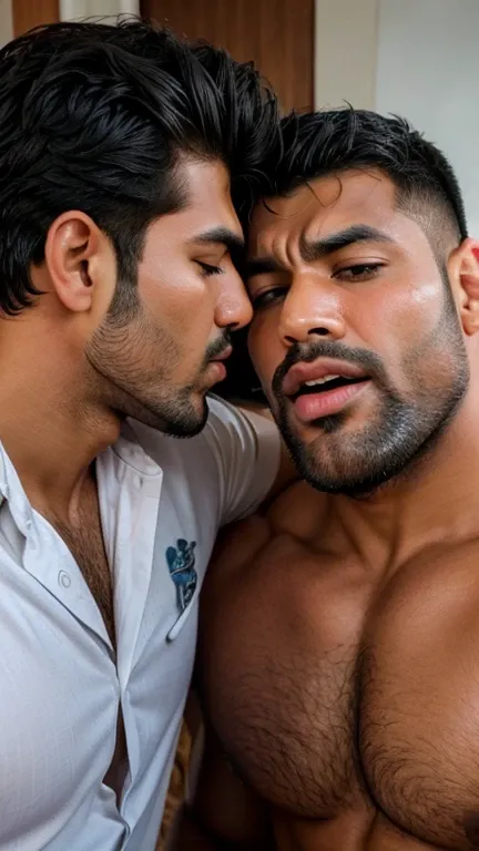 2 men in one photo mouth to mouth kissed, there is a handsome sexy huge body indian afgan man hunk with wider huge hairy chest, big hairy arms, wide biceps, triceps, wrist, huge wide hairy legs, thighs, huge wide bulge in the bedroom, lip to lip kissing wi...