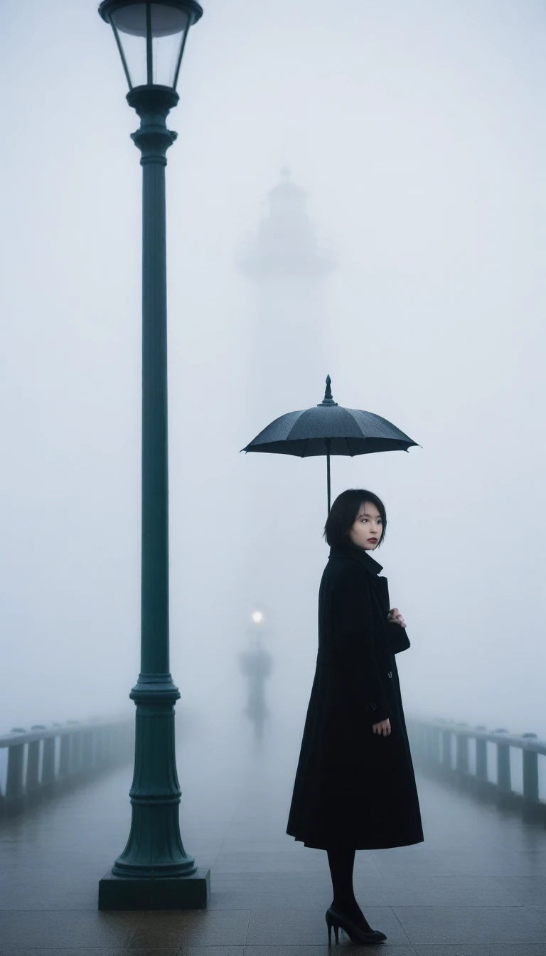 girl,Short hair. Black coat, rain가 내린다. Street lamp, cool,rain,blur,Fog,middle,cool,boring,,pier,Only,lighthouse,Coast, The dim light shines in the Fog,and the figure stands in the Fog holding an umbrel