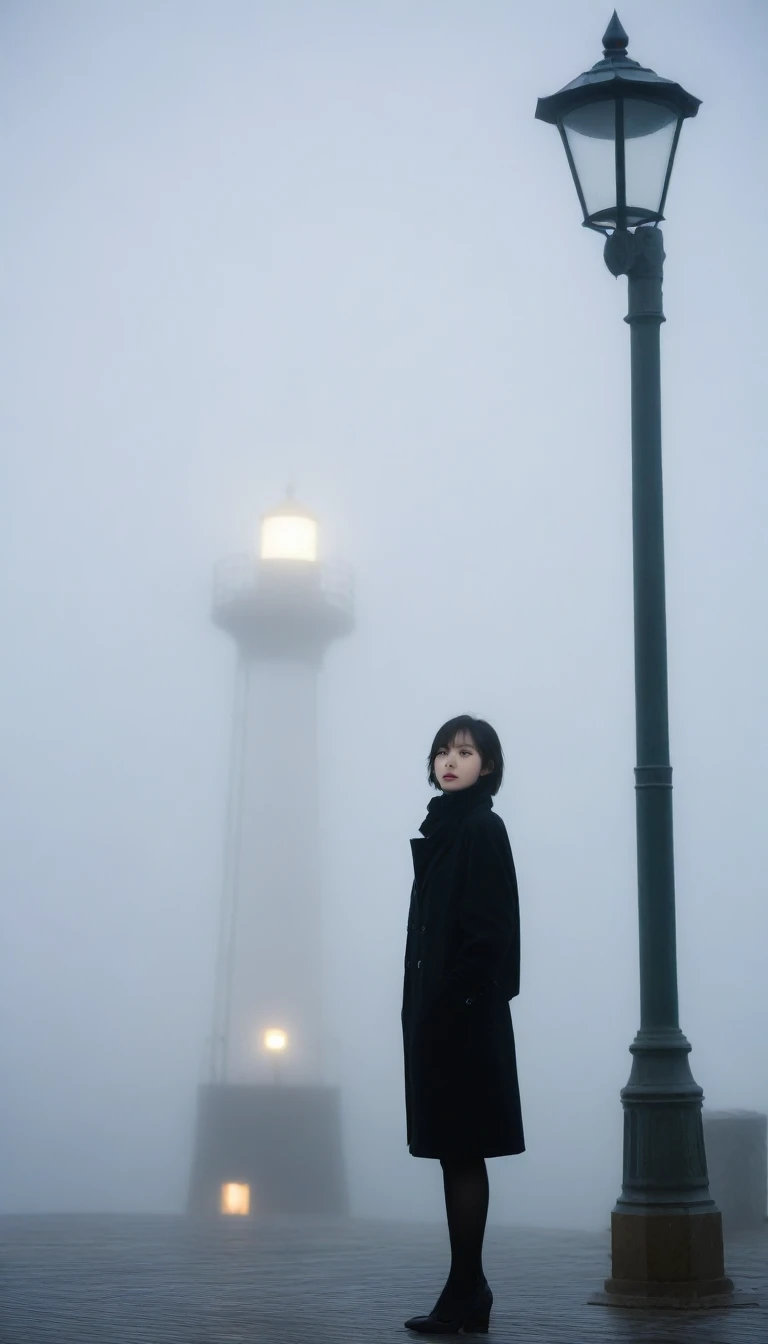 girl,Short hair. Black coat, rain가 내린다. Street lamp, cool,rain,blur,Fog,middle,cool,boring,,pier,Only,lighthouse,Coast, The dim light shines in the Fog,and the figure stands in the Fog holding an umbrel