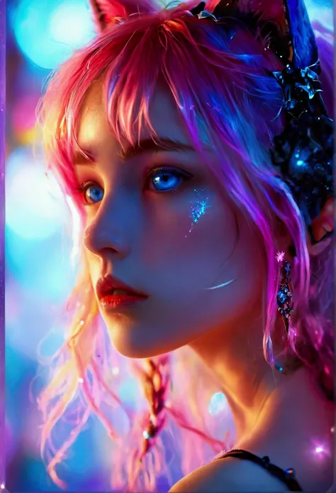 {{masterpiece}},{{Highest quality}},Bokeh,Awareness-raising,1 perfect portrait of a girl, A fascinating eye for perfect detail), Colorful Hair, (pink soft hair:1.6), (Cat ear:1.3),Slim and tall body type, Fantasy purple background, {Exposed bare shoulders}...