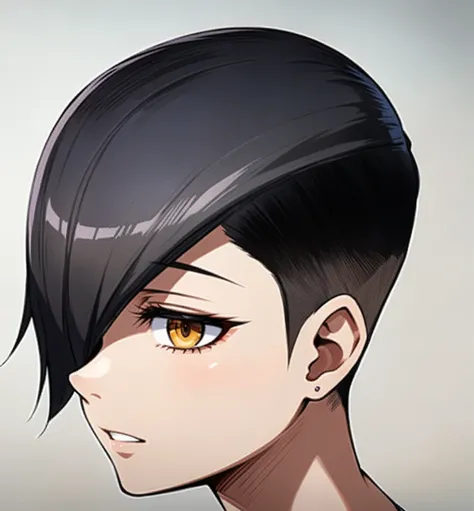 anime - style image of a woman with a short black hair, anime woman headshot profile, trigger anime artstyle, profile of anime girl, androgynous face, buzzed sides and back, long bangs, persona 5 art style wlop, with short hair, anime visual of a young wom...