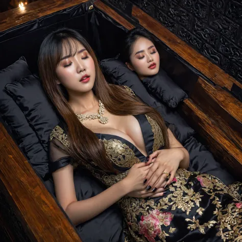 In a striking 8K HDR scene, a stunning Korean woman, 22 years old, lies peacefully in a black coffin surrounded by plush pillows. The deep box is set against a rich black background, accentuating the beauty of the subject. Her exquisite kebaya with sleeve ...