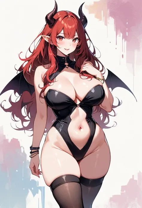 an anime painting of a woman with huge chest and a big butt, One girl, chest, horn, belly button, Red eyes, alone, Bracelet, Knee socks, wing, View your viewers, chestの谷間, Pointed Ears, Devil Girl, blush, smile, Long Hair, demon horn, demon wing, bangs, je...