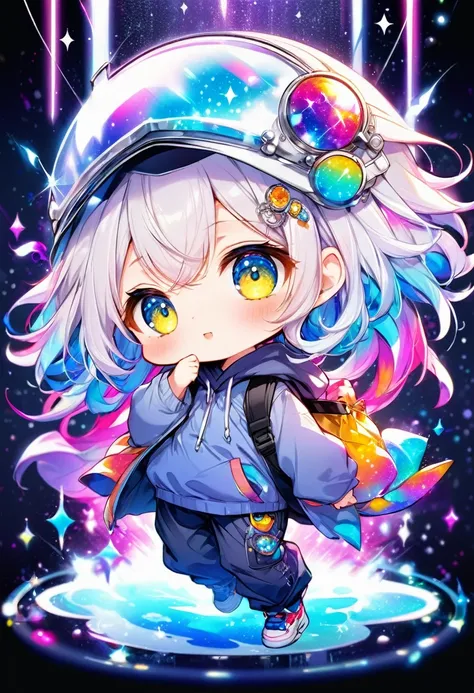 best quality, incredibly absurdres, extremely detailed, 2.5D, delicate and dynamic, chibi, cute girl, wearing baggy clothes, baggy pants, sparkly and vivid color effects, background another dimension