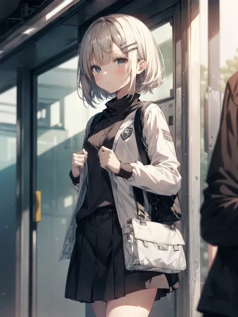 God quality, anime moe artstyle,best anime 8k konachan wallpaper,badass anime 8k,perfect anatomy, (Please draw a girl walking sleepily to school. ),break, 1girl, (Solo,,,13-year-old:1.3),a high school student, Very Short hair,parted bangs,(hair over one ey...