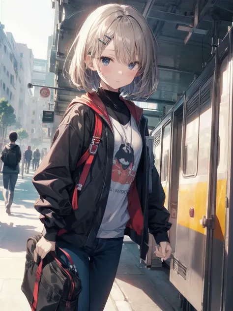 God quality, anime moe artstyle,best anime 8k konachan wallpaper,badass anime 8k,perfect anatomy, (Please draw a girl walking sleepily to school. ),break, 1girl, (Solo,,,13-year-old:1.3),a high school student, Very Short hair,parted bangs,(hair over one ey...