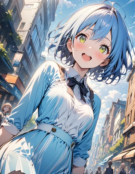 high resolution、One girl、、Slender、Blue Hair、Short Hair、、Daytime、City、Bright expression、