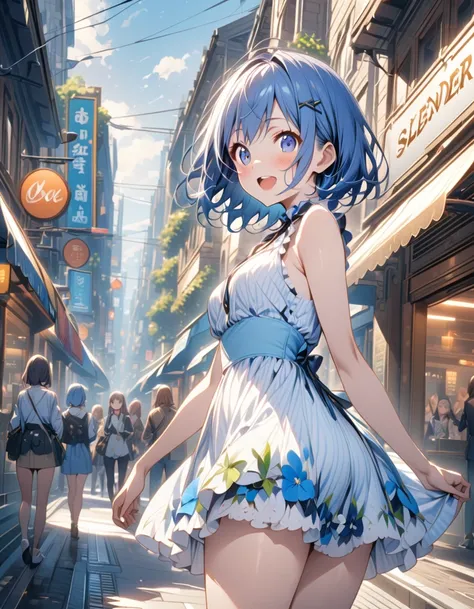 high resolution、One girl、、Slender、Blue Hair、Short Hair、、Daytime、City、Bright expression、