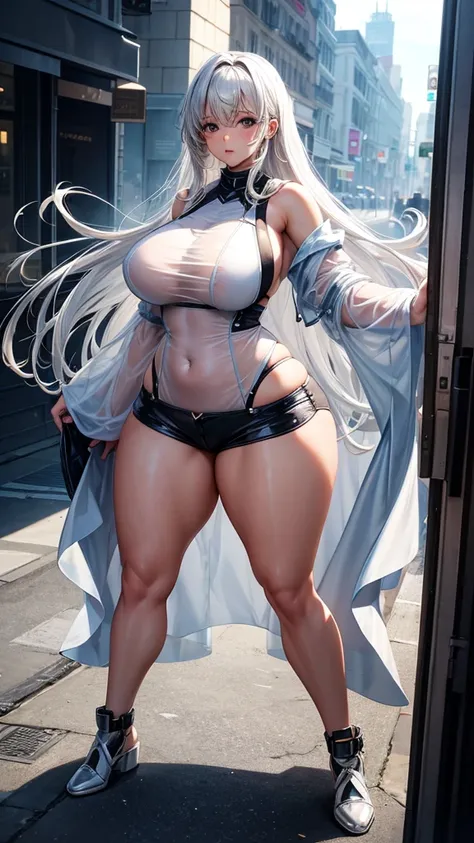 transparent clothes, definition of the female body, thick thighs, sample body curves, large breasts, long transparent hair, short transparent shorts, open legs, wide open leg,one car....