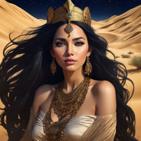 ((sleeping in the desert 2.0))，(bust:1.4), shot from directly above:1.4, desert princess, beautiful woman with long black hair, ...