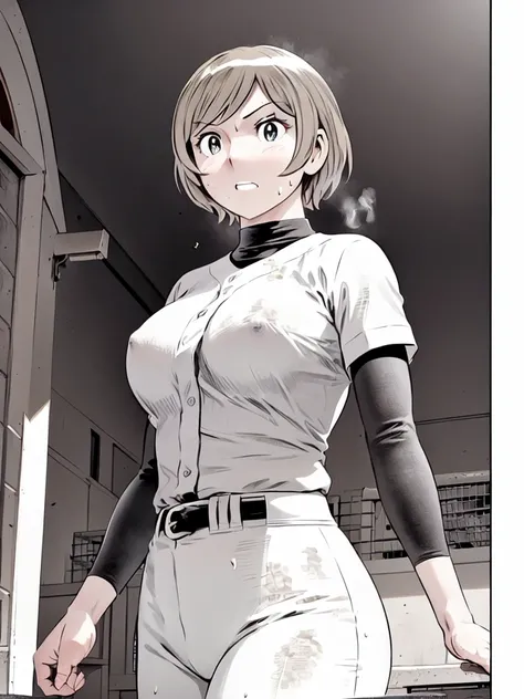 (野球uniform:1.2),
blonde, (short hair:1.2),Long sleeve, Black Shirt, turtleneck,White trousers、uniform、Black belt、((Illustration of a person))、big 、Muddy、Soil stains、ドロドロのuniform、
View your audience,, (Highest quality:1.3),One Girl, White pants、uniform、Outd...