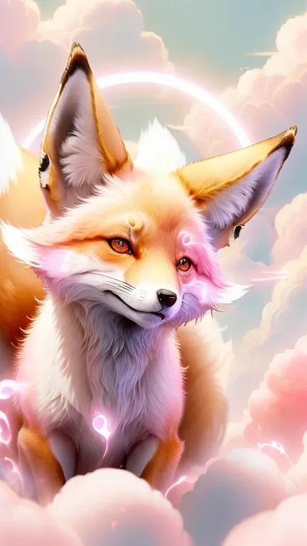 god々Cute fox１Animals、Aura of Pink,Looking into the camera、Look here、Background pink、Floating in the clouds