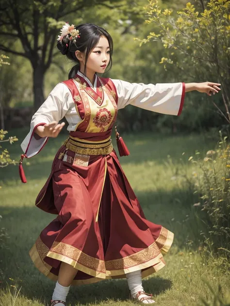 a young Asian lady. with traditional clothing. dancing on a prairie.