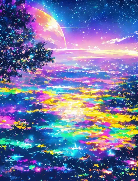 ((The pale yellow moon of a supergiant star))((A girl who looks up at her profile and is subjectively depicted))、((Crying girl))、Profile girls、On a multicolored background、Painting of a river with stars and moon in a rainbow sky、Shining skyscrapers、Shine o...