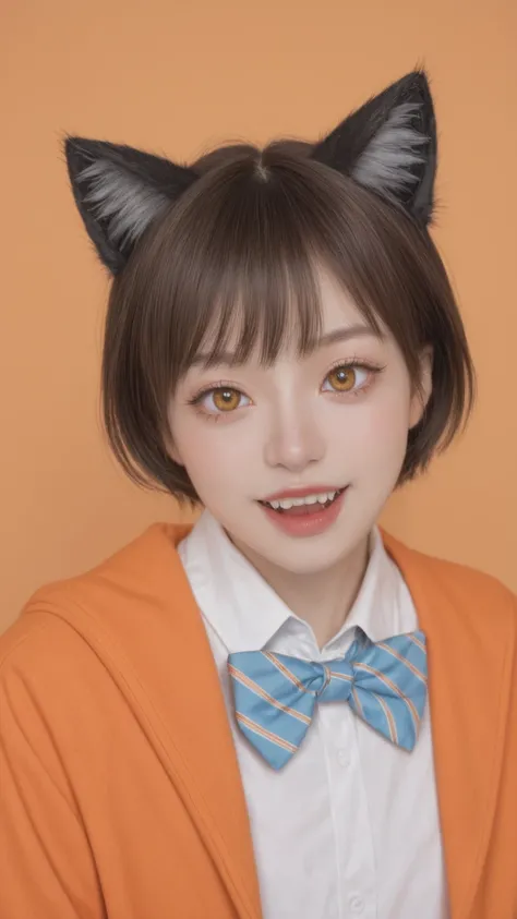  realistic,score_9, score_8_up, score_7_up, 
 1 girl, alone, Animal ears, bow, teeth, Jacket, Tail, open mouth, brown hair, orange background, bowtie, Orange nail, Simple background, cat ears, Orange Eyes, blue bow, animal ear hair, cat Tail, looking at th...