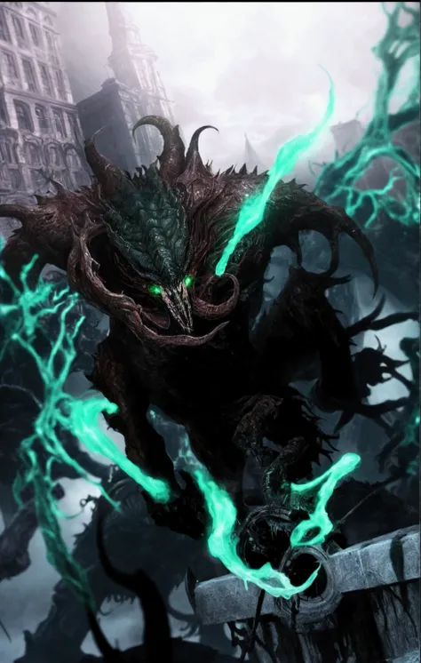 There is a monster in the darkness that emits a green light., Path of Exile Hydra, The Great Corruptor, Bloodborne Monster, Highly detailed game art, Creepy abominations, dead space artwork, Bloodborne Boss, Bloody art, Dark Souls Boss, Infused Zerg Hydral...