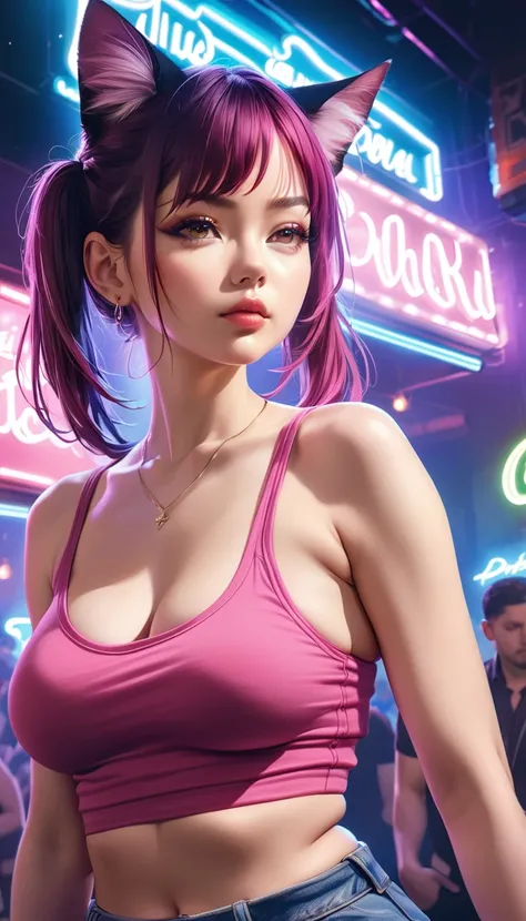 1girl, soft skin, pale skin, soft blush, red straight hair, twin tails, tank top, bare shoulders, high-waisted shorts, looking at viewer, cat ears, plump lips, beautiful blue eyes, realistic background, nightclub, neon lights, (best quality,4k,8k,highres,m...