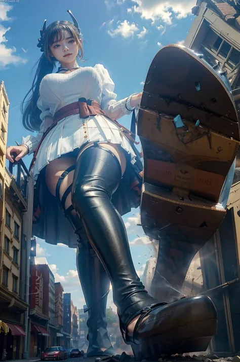 looking at the camera、The building collapses、Urban hustle and bustle、Traffic jam、City of Rubble、street tree、((((Azur Lane Cheshire Cosplay))))、Frilled maid outfit、(Super huge breasts)、(Plump thighs)、Ground View，City of Giants,500 foot tall giant girl，skysc...