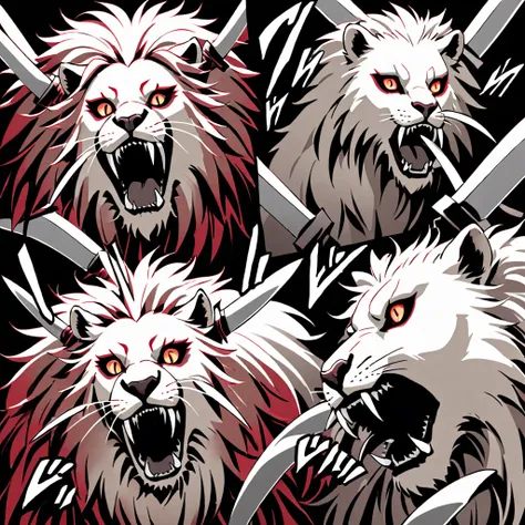 The face shows a beast, a lion-like creature, in red, black and white. Two swords pierce from inside her mouth and come out through her head. The beast displays a menacing look with crossed swords entering its mouth and piercing its head. two swords, two s...