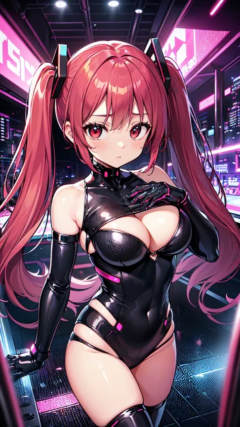 最high quality、Best image quality、masterpiece、Hatsune Miku Vocaloid、Big breasted android girl((18-year-old、red, Glowing black and blue cyber suit、Best Bust、Bust 90、Twin tails、red Eyes、Open your chest wide、valley、happiness、thin、Expressionless、)）high quality、...