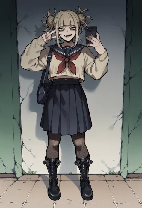 Himiko Toga wearing black with black skirt, black fishnet stockings and black boots taking a selfie (whole body) vestimenta totalmente negra (sin celular en la mano) (🖕🚬)