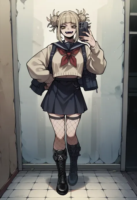 himiko toga wearing black with black skirt, black fishnet stockings and black boots taking a selfie (whole body) vestimenta tota...