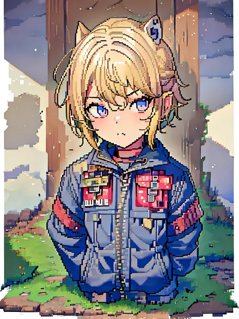 they are 12-year-old boys twin with blonde hair. one has an energetic and curious expression, dressed in rugged survival attire....