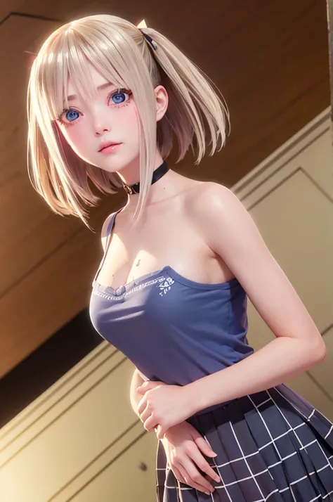 One girl,masterpiece,Highest quality,Blonde,stockings,Checked skirt),Short skirt,Are standing,In total length,Medium chest,Very detailed,[[Realistic]],Beautiful and attractive anime teen,Enchanting anime girl,Swinging skirt,blue eyes, hair ornaments, Hair ...