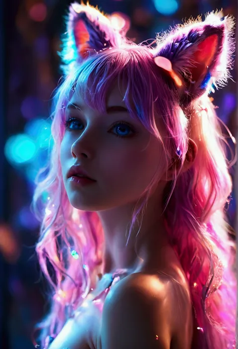 {{masterpiece}},{{Highest quality}},Bokeh,Awareness-raising,1 perfect portrait of a girl, A fascinating eye for perfect detail), Colorful Hair, (pink soft hair:1.6), (Cat ear:1.3),Slim and tall body type, Fantasy purple background, {Exposed bare shoulders}...