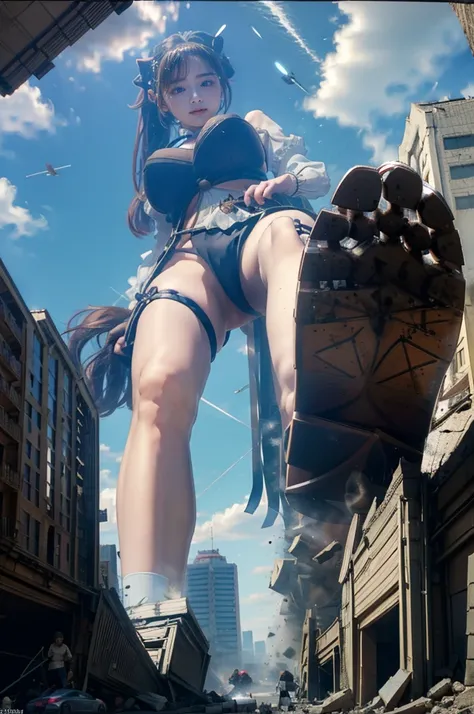 The building collapses、Urban hustle and bustle、Traffic jam、City of Rubble、street tree、((((Azur Lane Cheshire))))、Maid clothes、Super huge breasts、Plump thighs、Ground View，City of Giants,500 foot tall giant girl，skyscraper,Has super long legs,Step into the c...