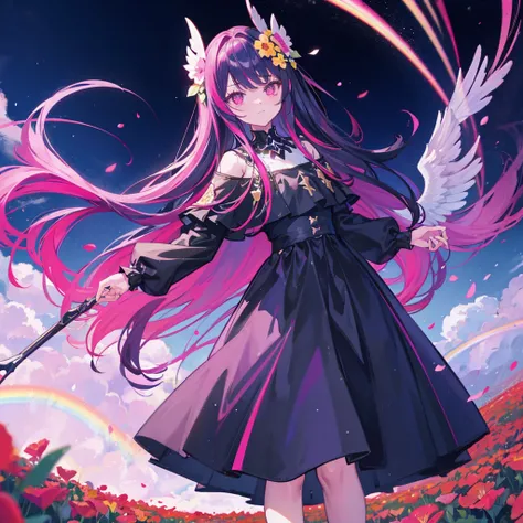 ((((Standing in a flower field))))　(((Long Hair　Pink Eyes　Rainbow Hair　Black Dress　Archangel)))　((Fantasy))　((night　Western style　Shining Aura　Face is close　Standing in a flower field))　Holding a crystal、Hold it up to the sky　Broken glass　Big ribbon　moon　s...