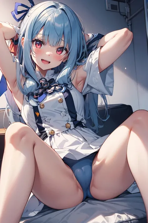 kotonoha aoi, hair ribbon, blue hair, red eyes,blunt bangs, white dress,upper body:1.3),open mouth,smile,blush,spread armpit, arms behind head,(spread legs:1.3),(legs up),(cameltoe:1.3),masterpiece,Noise Reduction,perfect anatomy,high resolution, ultra-det...