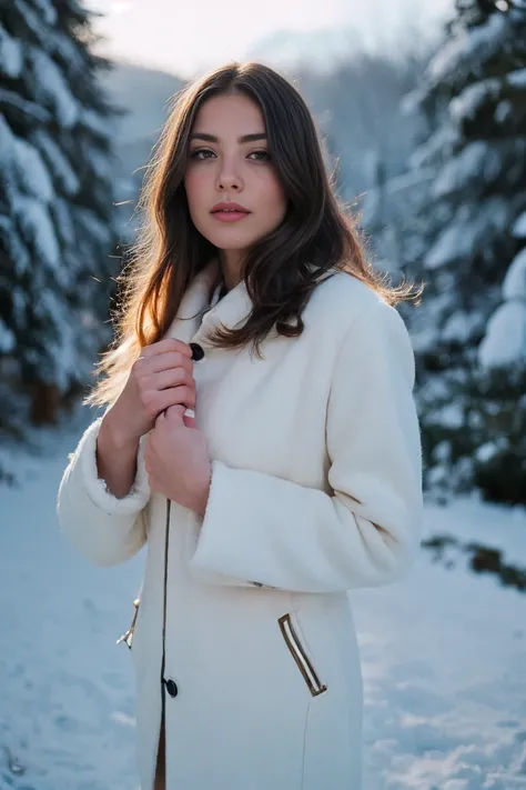 photo of beautiful brunette woman standing in the snowy mountains with colorful, perfect lighting. shot with leica summicron 35m...