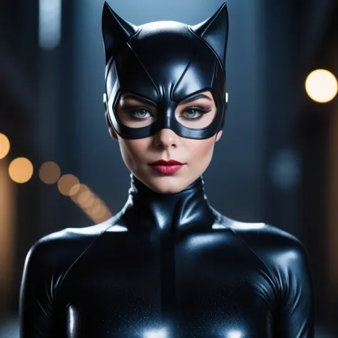 high detail raw color, full body shot, catwoman  dark makeup, (dramatic, mysterious, symmetrical background, lightshafts, dark:1...