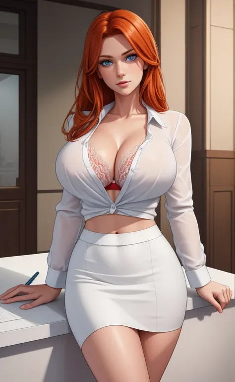 ginger hair, clear blue eyes

in a white silk shirt with a deep v-neck, wearing a business suit, a red lace bra peeking through, and a pencil skirt,