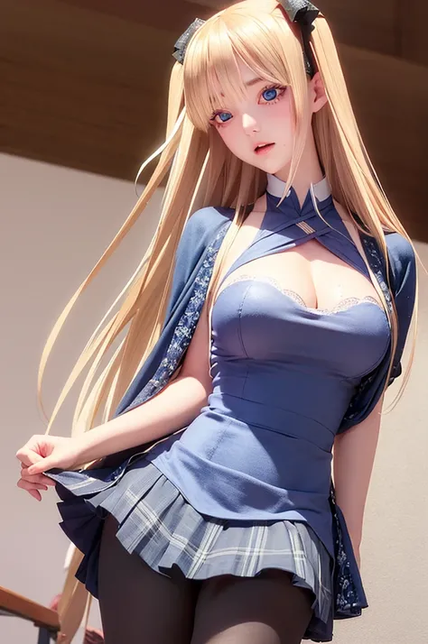 One girl,masterpiece,Highest quality,Blonde,stockings,Checked skirt),Short skirt,Are standing,In total length,Medium chest,Very detailed,[[Realistic]],Beautiful and attractive anime teen,Enchanting anime girl,Swinging skirt,blue eyes, hair ornaments, Hair ...