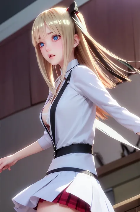 One girl,masterpiece,Highest quality,Blonde,stockings,Checked skirt),Short skirt,Are standing,In total length,Medium chest,Very detailed,[[Realistic]],Beautiful and attractive anime teen,Enchanting anime girl,Swinging skirt,blue eyes, hair ornaments, Hair ...