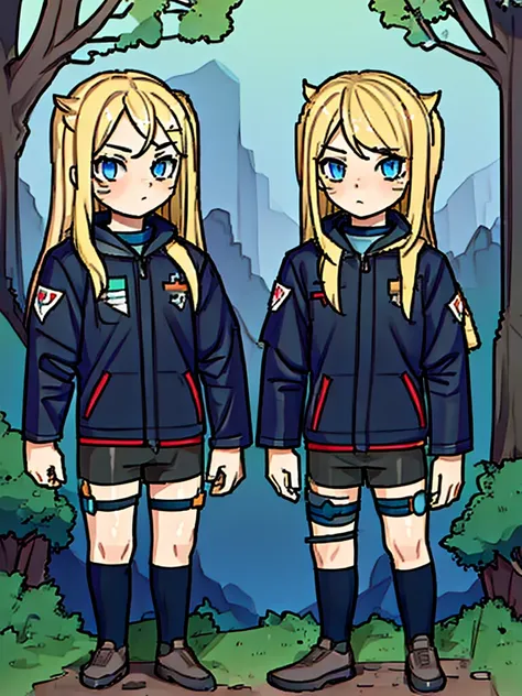 (((full body))) (((twins))) they are 12-year-old boys twin with blonde hair. one has an energetic and curious expression, dresse...