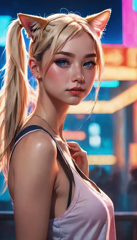 1girl, soft skin, pale skin, soft blush, blonde straight hair, twin tails, tank top, bare shoulders, high-waisted shorts, looking at viewer, cat ears, plump lips, beautiful blue eyes, realistic background, nightclub, neon lights, (best quality,4k,8k,highre...