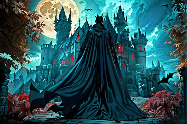 a dark, gothic castle, Conde Dracula, red glowing eyes, pale skin, sharp fangs, dark flowing cape, hordes of bats, moonlit night, haunting atmosphere, dramatic lighting, photorealistic, cinematic, dark fantasy, horror, dramatic pose