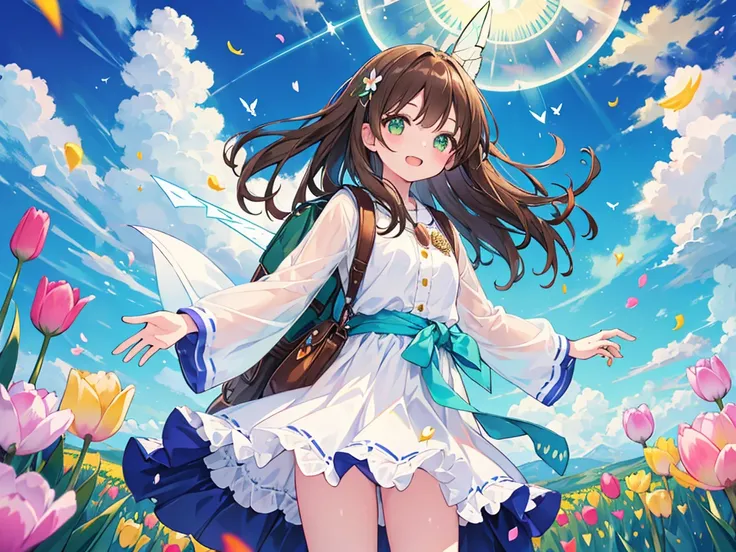 kawaii, anime, Cute, hyper quality, highly detailed, 16k, Front facing, Clarity, smile, girl, dark brown long hair, green eyes, highlight on eyes, Netherlands, windmill, tulip field, breeze, petals dance, white dress, feather backpack, brown bird flies, bl...