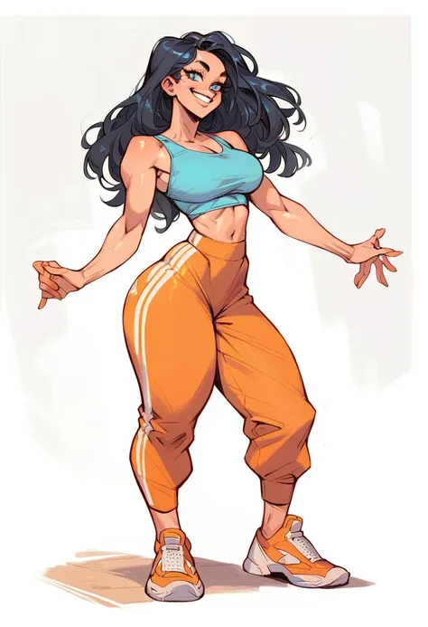 score_9, score_8_up, score_7_up, 1 girl, black hair, blue eyes, curvy figure, smile, blue tank top, orange yoga pants, belly but...